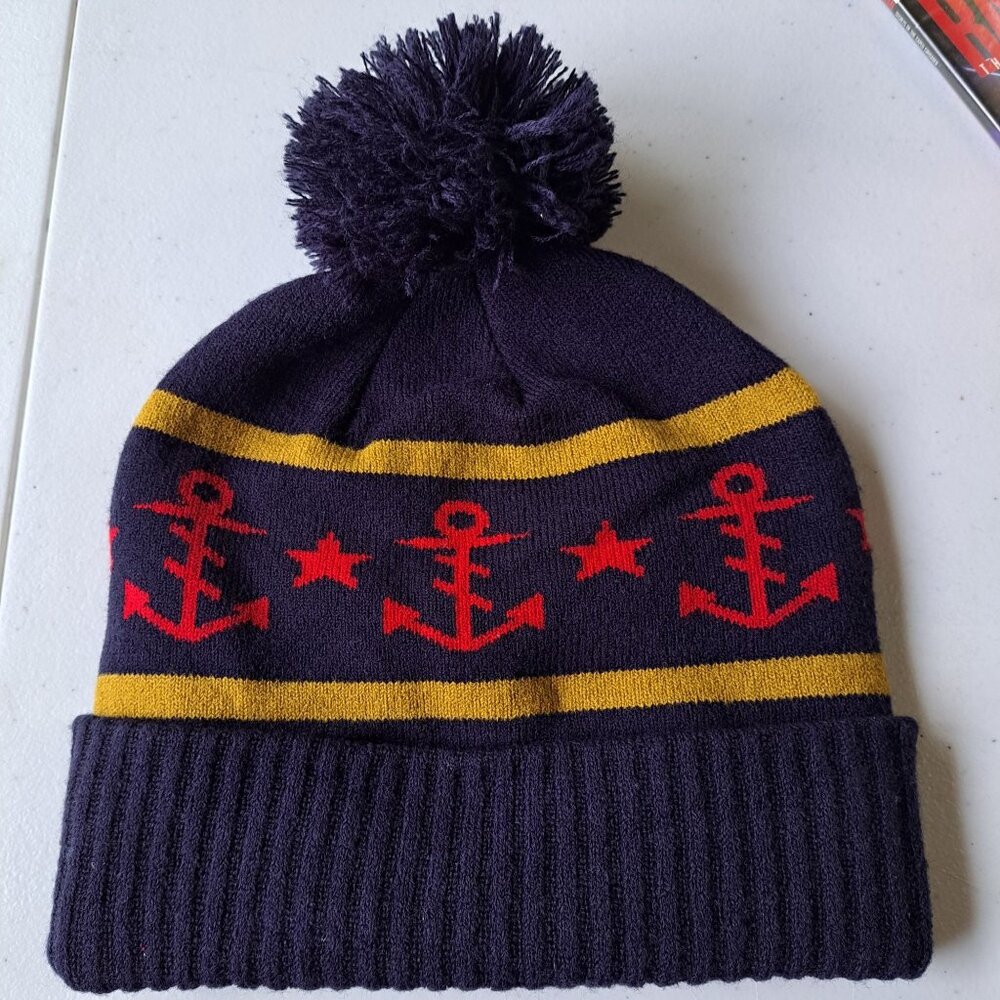 Hurley Navy Blue Knit Pom Beanie Anchor‎ Star Design Acrylic Material Adult OSFM - Picture 3 of 5